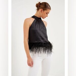 ENLESS ROSE BLACK TOP WITH FEATHERS TRIMMING